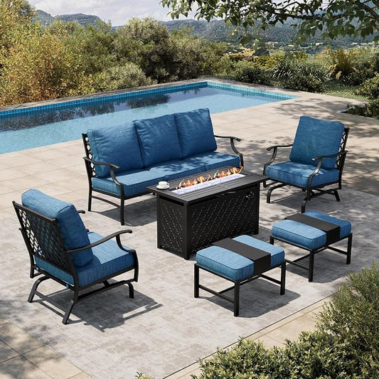 HERA'S HOUSE 6 Pieces Patio Furniture Set with Fire Pit Table, 2 x Rocking Chair, 2 x Ottoman, 3-Seat Sofa with 45" Fire Pit Table, Outdoor Conversation Set for Garden Poolside Backyard, Pacific Blue