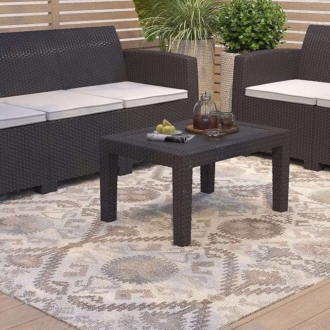Merrick Lane Malmok Outdoor Furniture Patio Table - Dark Gray Faux Rattan Wicker Pattern Coffee Table - All-Weather Use - Wood Plank Top Design