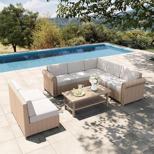 HERA'S HOUSE Patio Furniture Set, All Weather 7 Seats Outdoor Sectional Wicker Sofa with 44" Coffee Table, 5.5" Thick Waterproof Cushion 8 Piece Modular Conversation Set for Garden Deck Backyard