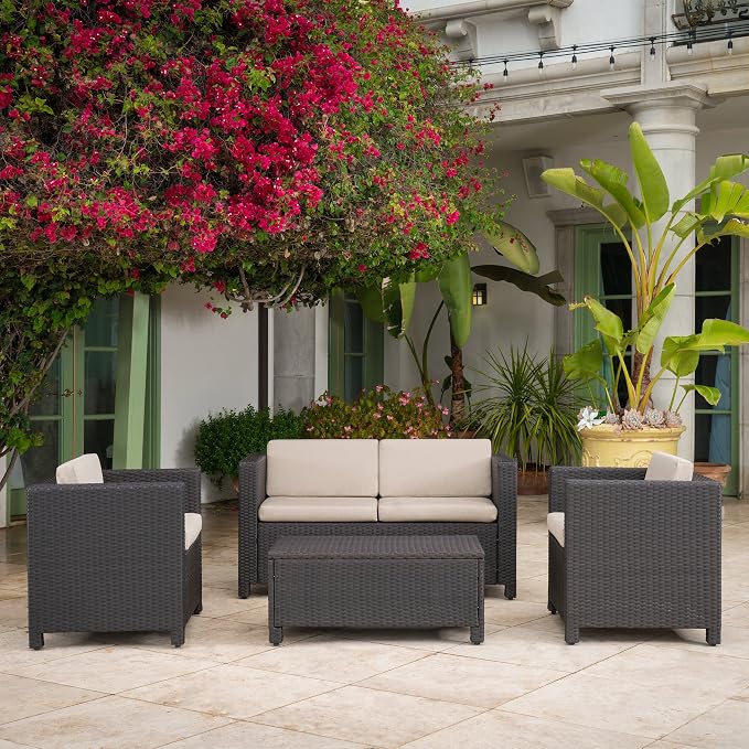 Christopher Knight Home Puerta Wicker Chat Set (4 Piece), Beige/Dark Brown