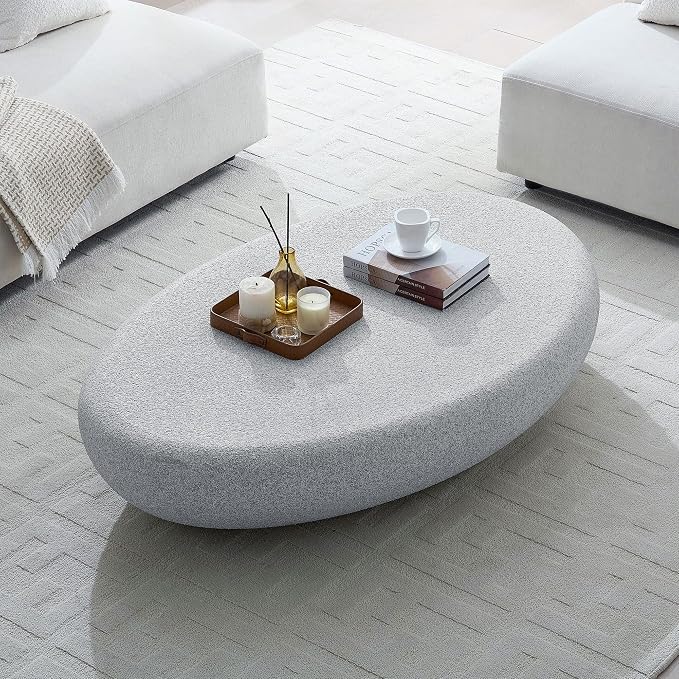 55.12" Faux Stone Coffee Table Modern Unique Coffee Table Oval Rock Center Tables Round Edge Design Fiberglass Concrete Accent Tables for Living Room Office Apartment No Assembly, Cement