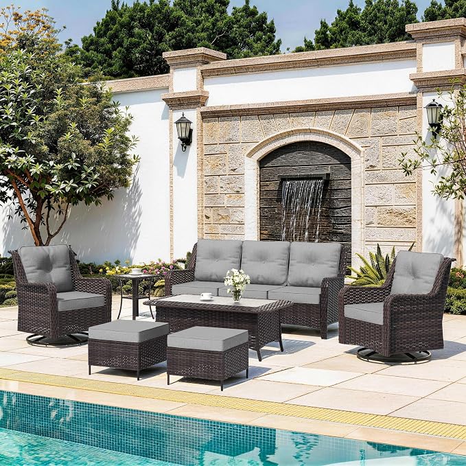 7-Piece Patio Furniture Set, Outdoor Thick Wicker Sectional Sofas with 2 Swivel Chairs, High Back Sectional Sofa Couch, Outdoor Conversation Set for Backyard, Porch, Deck, Grey