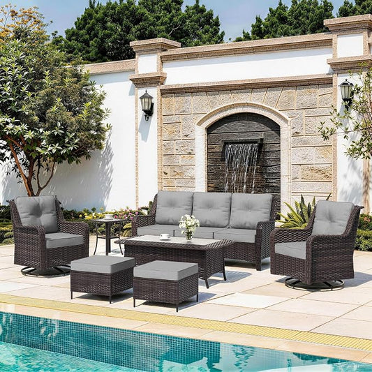 7-Piece Patio Furniture Set, Outdoor Thick Wicker Sectional Sofas with 2 Swivel Chairs, High Back Sectional Sofa Couch, Outdoor Conversation Set for Backyard, Porch, Deck, Grey