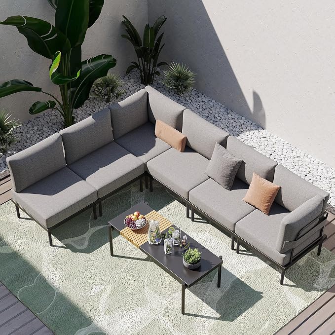Sundale Outdoor 7 Pieces Metal Patio Furniture Set, Outdoor Sectional Sofa with 6 Inch Olefin Cushion, Modern Outdoor Conversation Sets with Coffee Table for Backyard, Poolside, Sunroom