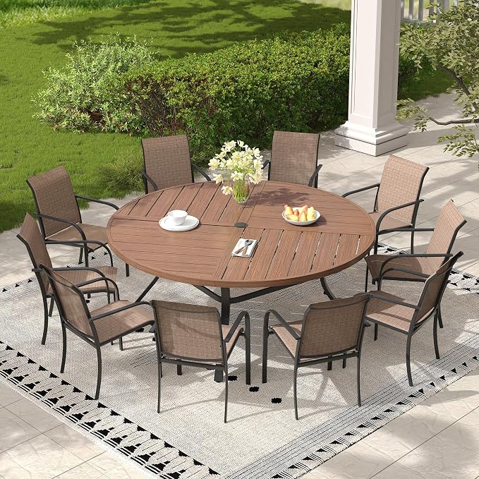 11 Pieces Outdoor Dining Set, Stackable Textilene Paito Chairs & 63.1" Round Dining Table with Umbrella Hole, Patio Dining Set for Backyard, Deck, Garden, Brown & Walnut