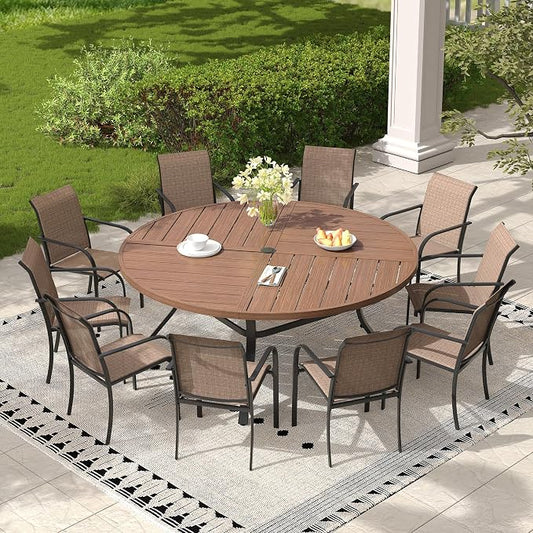 11 Pieces Outdoor Dining Set, Stackable Textilene Paito Chairs & 63.1" Round Dining Table with Umbrella Hole, Patio Dining Set for Backyard, Deck, Garden, Brown & Walnut