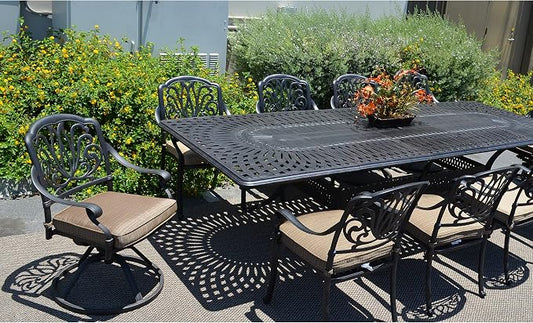 Elizabeth Outdoor Cast Aluminum Powder Coated 11-Piece Dining Set with Extendable 132in Rectangular Dining Table (Premium-Linen-Sesame Cushions)