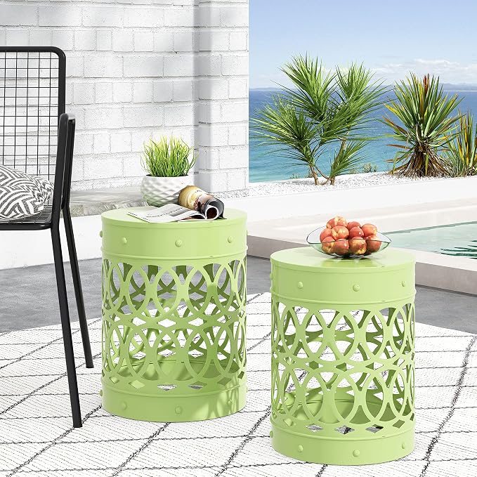Set of 2 Round Metal Patio Side Tables Steel Accent End Tables with Geometric Circle Cut-Outs Weather Resistant Small Outdoor Furniture for Deck Pool Yard Balcony No Assembly,Green