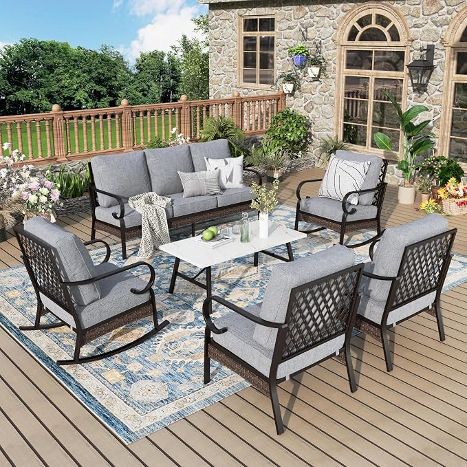 MIXPATIO Patio Furniture Set with Coffee Table, Outdoor Conversation Set with 2 x Fixed Chairs, 2 x Rocking Chairs, 1 x 3-Seat Sofa for Lawn Garden Backyard, Grey