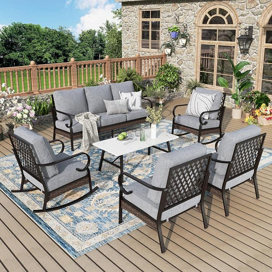 MIXPATIO Patio Furniture Set with Coffee Table, Outdoor Conversation Set with 2 x Fixed Chairs, 2 x Rocking Chairs, 1 x 3-Seat Sofa for Lawn Garden Backyard, Grey