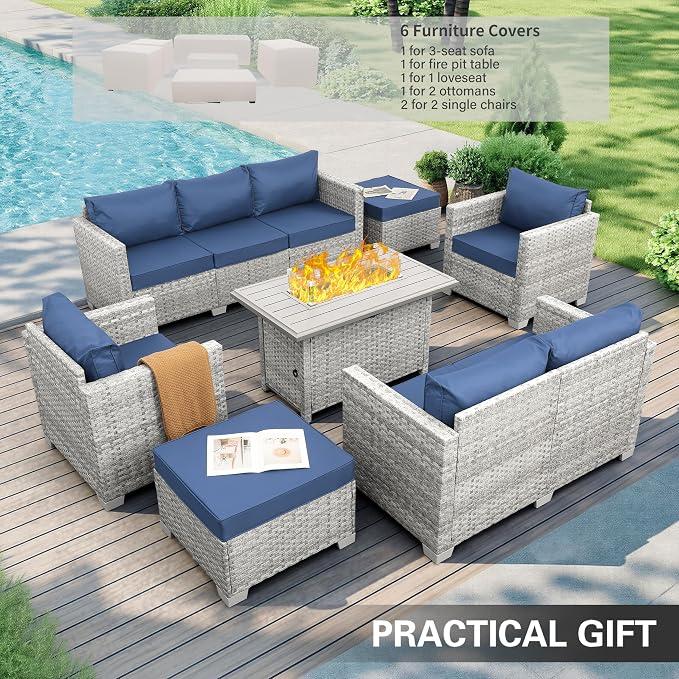 WAROOM Patio Furniture Set 7 Piece Grey Wicker Outdoor Conversation Sets PE Rattan Sectional Sofa with Propane Fire Pit Table and Anti-Slip Navy Blue Cushion