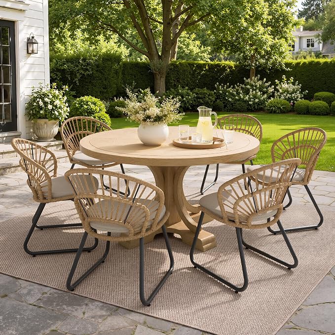 Rattan Patio Dining Chairs Set of 6, Hand-Woven Wicker Outdoor Chair | Shell Shaped Back with 2.6” Black Detachable Cushion, Sled Metal Frame Patio Side Chairs for Garden Backyard Porch
