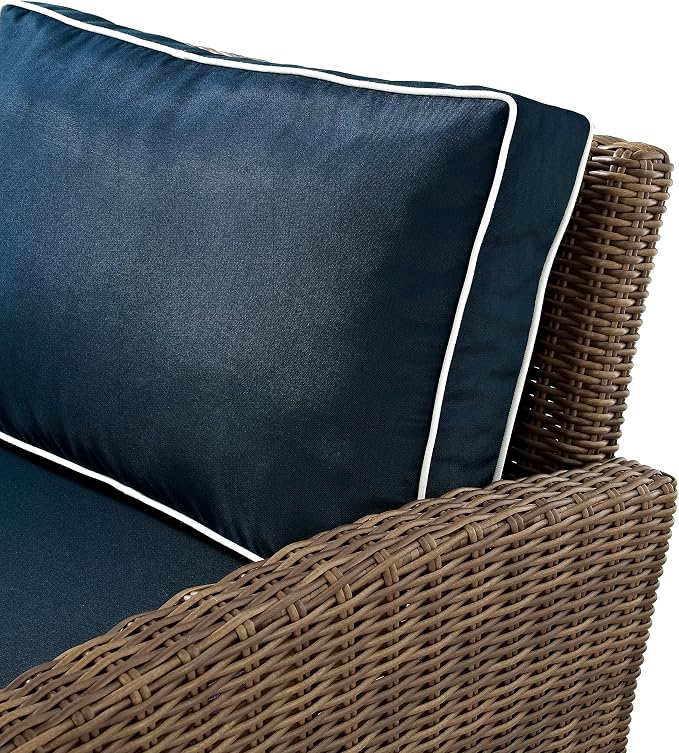 Crosley Furniture Bradenton 4-Piece Wicker Outdoor Loveseat and Swivel Rocker Patio Furniture Set for Porch, Brown with Navy Cushions
