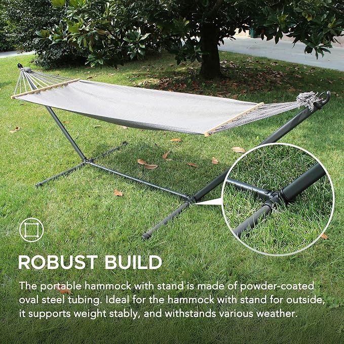 SUNJOY Portable Hammock with 10FT Heavy Duty Steel Stand and Spreader Bars - Ultra-Light 24.25 lbs - Portable Single Person Hammock with Stand for Outdoors, Outside, Backyard, Patio
