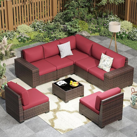 Outdoor Patio Furniture Set, 8‘’ Wide armrest Outdoor Sectional Rattan Sofa Set, Wicker Patio Furniture Sets w/Coffee Table,Thick Cushions and Cover for Porch, Balcony,Deck,8 PCS (Brown&Wine)