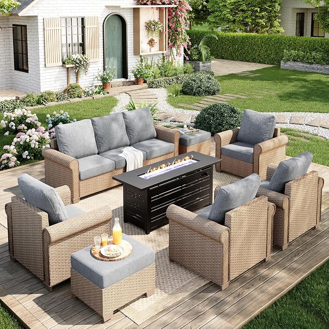 MIXPATIO Patio Furniture Set 8 pcs, Wicker Outdoor Patio Furniture, 3-Seat Sofa, 4 Single Chairs, 2 Ottomans and 56" Gas Fire Pit Table, Rattan Patio Conversation Set for Backyard Deck, Grey
