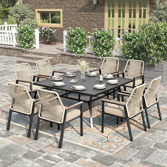 HERA'S HOUSE 9pc Patio Dining Set, 57.5" Metal Table & Rattan Chairs | Square table with umbrella hole, 8 cushioned chairs. Waterproof, rust-resistant, all-weather for backyard, porch.