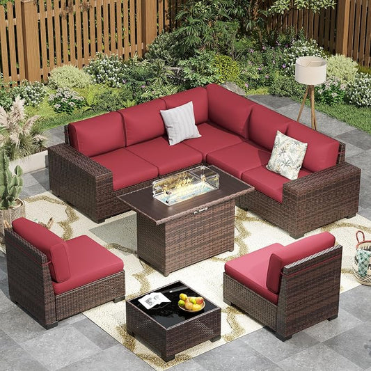 Patio Furniture with Fire Pit Table,8‘’ Wide armrest Outdoor Sectional Rattan Sofa Set, Wicker Patio Furniture Sets w/Coffee Table,Thick Cushions and Cover for Porch, Deck, 9 PC(Brown&Wine)