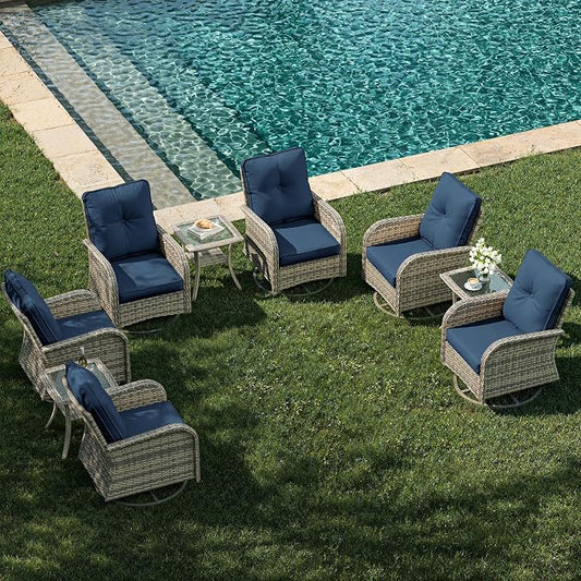 9-Piece Outdoor Rocking Swivel Chair Outdoor Wicker Rattan Bistro Set with Tempered Glass Side Table, Outdoor Patio Furniture Set, Navy Blue