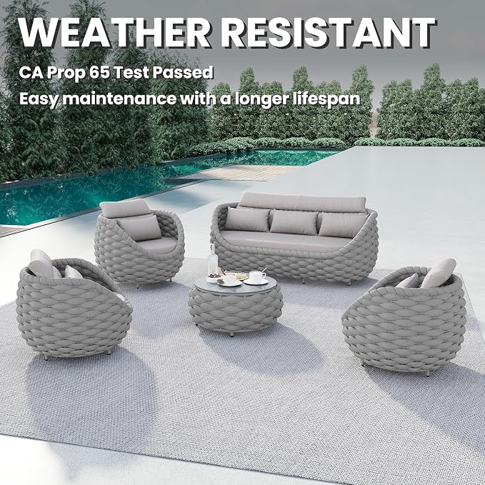 5 Pieces Porch Patio Conversation Set: Hand Woven Rope, Rusrproof Aluminum Frame, Weather Resistant, Thick Cushions, No Assembly Furniture, Comfy Outdoor Sofa Set for Deck Yard Lawn Hotel - Gray