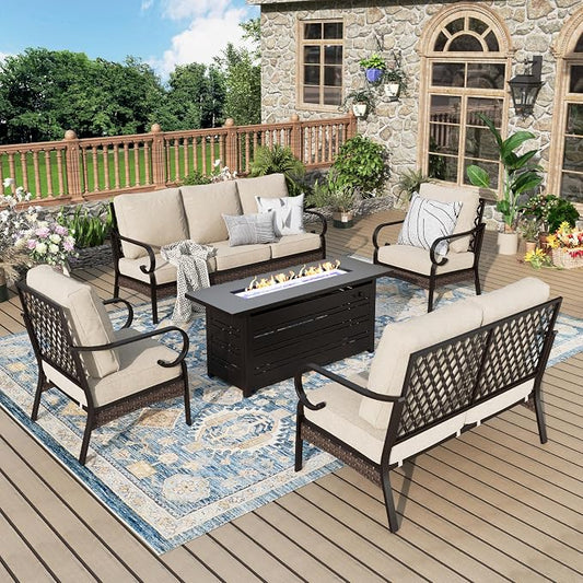 MIXPATIO Patio Furniture Set with Fire Pit Table, Metal Outdoor Conversation Set with 5.75'' Extra Thick Cushion, 2 Leg Chairs, Loveseat Sofa, 3-Seat Sofa and Gas Fire Pit Table, Beige