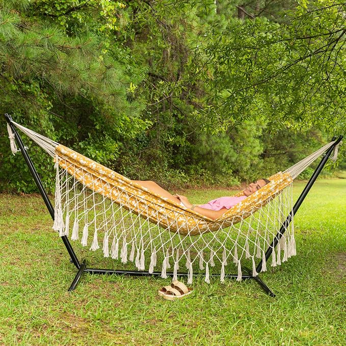 Castaway Living 10" Tassle Outdoor Fabric Hammock - Amber Sun, Stylish and Durable Polyester Hammock for Relaxation and Comfort, 250 Lbs Max