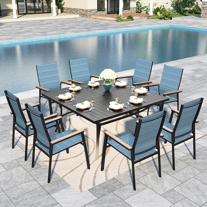 Sophia & William Patio Dining Set for 8, Square Table & Aluminum Chairs | Metal table, Blue Stackable Chairs, Breathable & quick-drying, Light-weight & space-saving, Umbrella Hole, Outdoor