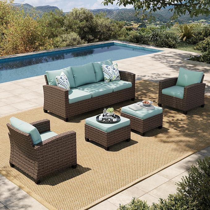 HERA'S HOUSE Wicker Patio Furniture Set, 5 Pieces Outdoor Furniture Set, Deep Seating Patio Conversation Sofa Sets for Lawn Deck Backyard, Blue