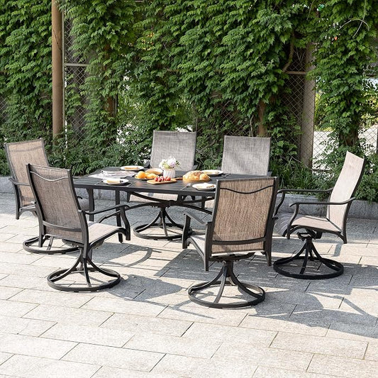 NUU GARDEN Outdoor Dining Set of 6, Aluminum Swivel Chairs, Grayish Brown | Rust-resistant patio set with aluminum tabletop. 6 quick-dry textilene swivel dining chairs with armrests