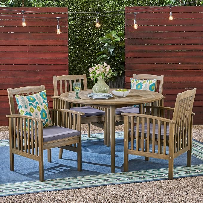 Christopher Knight Home Casa Outdoor Acacia Wood 5 Piece Dining Set with Round Table and Water Resistant Cushion, Gray Finish and Dark Gray