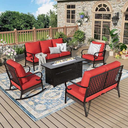 MIXPATIO Patio Furniture Set with Fire Pit Table, Metal Outdoor Conversation Set with 5.75'' Extra Thick Cushion, 2 Rocking Chairs, Loveseat Sofa, 3-Seat Sofa and Gas Fire Pit Table, Red