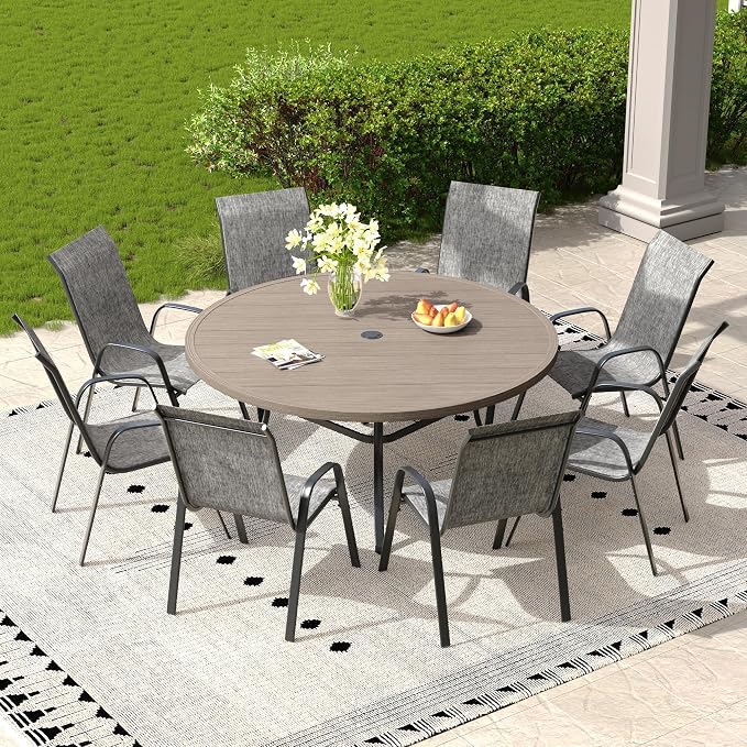9 Pieces Outdoor Dining Set, 53" Round Table with Umbrella Hole & Stackable Patio Dining Chairs, Patio Table and Chairs Set for Deck Garden Porch, Grey Chairs & Grey Table