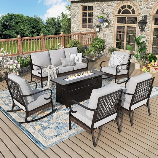 MIXPATIO Patio Furniture Set with Fire Pit Table, Metal Outdoor Conversation Set with 5.75'' Extra Thick Cushion, 2 Swivel Chairs, 2 Leg Chairs, 3-Seat Sofa and Gas Fire Pit Table, Light Grey