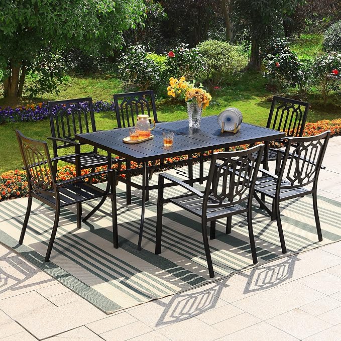 PHI VILLA 7 Pcs Patio Dining Set for 6& Rectangular Metal Table | Black Metal Table with Umbrella Hole & Stacking Wrought Iron Chairs, Outside Furniture Set for Patio, Deck, Backyard, Porch