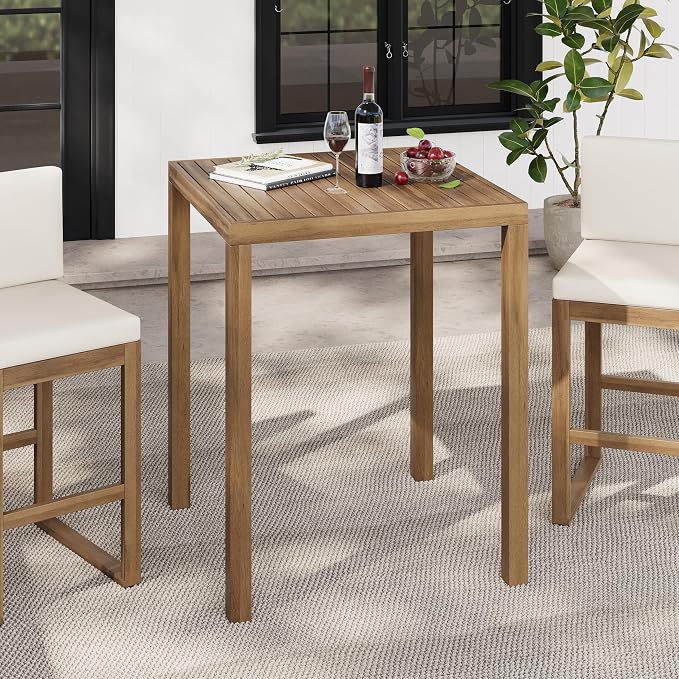 Christopher Knight Home Gree Acacia Wood Outdoor Bar Table, Wooden Patio Bar Height Table, Square Kitchen Coffee Bar Table, Patio Furniture Set, Light Brown