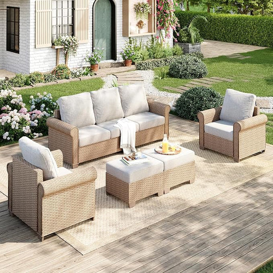 MIXPATIO Patio Furniture Set 5 pcs, Wicker Outdoor Patio Furniture, 3-Seat Sofa, 2 Single Chairs and 2 Ottomans, Rattan Patio Conversation Set for Backyard Deck, Beige