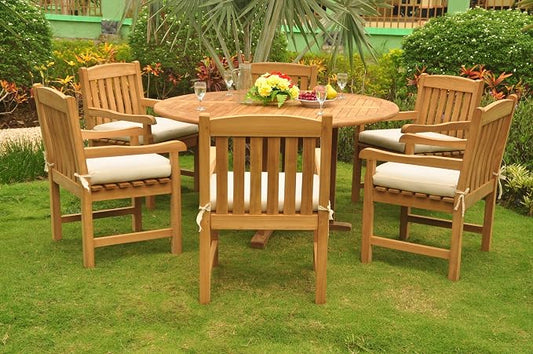 New 7 Pc Luxurious Grade-A Teak Wood Outdoor Dining Set - 60" Round Dining Table and 6 Devon Arm/Captain Chairs #WHDSDVz