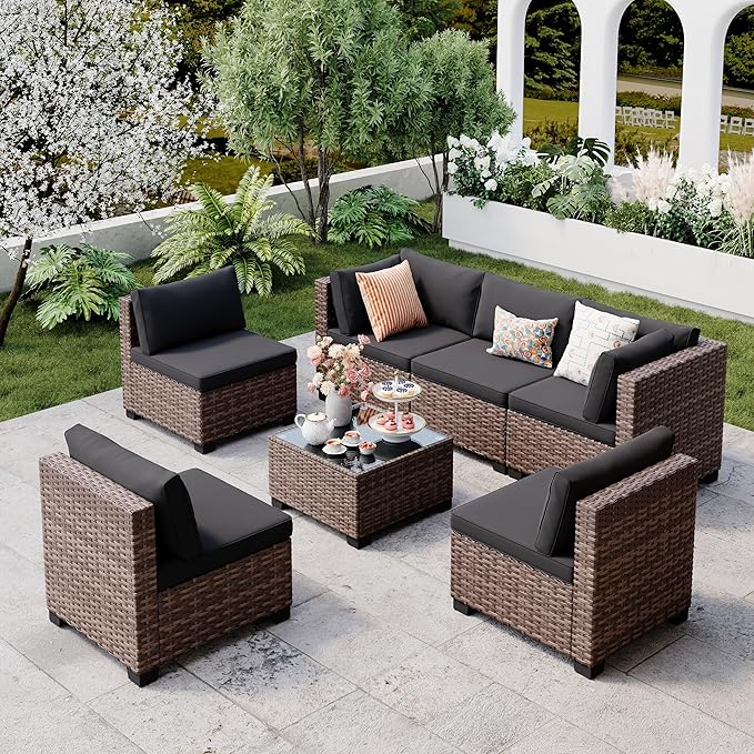 Qsun 7 Pieces Outdoor Patio Furniture Set, All-Weather PE Rattan Outdoor Patio sectional Furniture with Cushions and Glass Table, for Garden, Backyard, Porch, Black