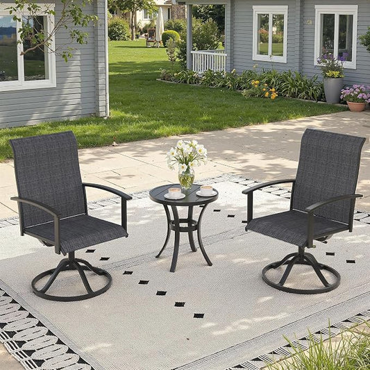 3 Pieces Small Patio Dining Set, Outdoor Furniture of 18.5" Round Patio Side Table & Patio Swivel Chairs for Backyard Lawn Garden, Black Table and Black Chairs