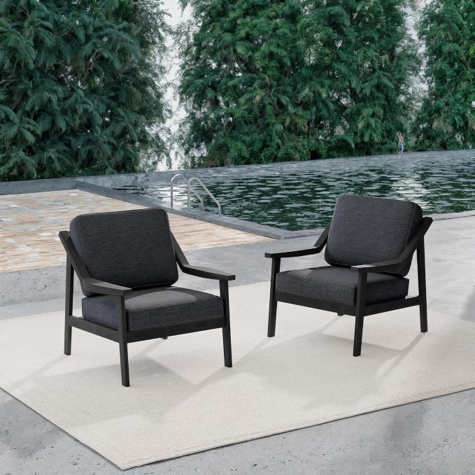 Outdoor Patio Furniture Set, 2 Piece Outdoor Patio Sofa Armchairs with Washable Thick Cushions, All-Weather Solid Wood Patio Bistro Set for Porch, Balcony, Black Frame & Dark Gray Cushion