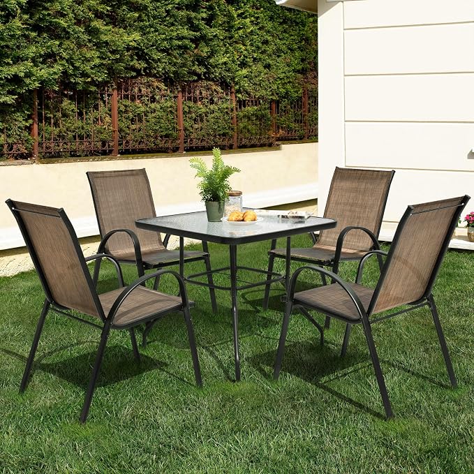 NUU GARDEN 5 Piece Outdoor Patio Dining Set, 32 Inch Square Tempered Glass Table with Umbrella Hole and 4 Textilene Chairs, Patio Furniture for Backyard Garden, Brown and Black