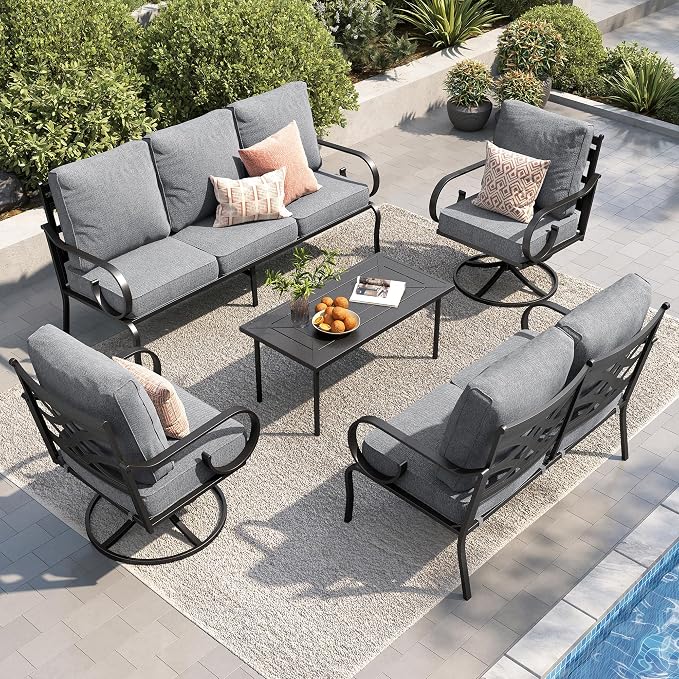 PHI VILLA Patio Furniture Set, 1 Loveseat, 3-Seater Sofa, 2 Swivel Chairs and a Coffee Table, Outdoor Metal Conversation Set with 5.75" Extra Thick Cushion for Garden Backyard Deck, Grey
