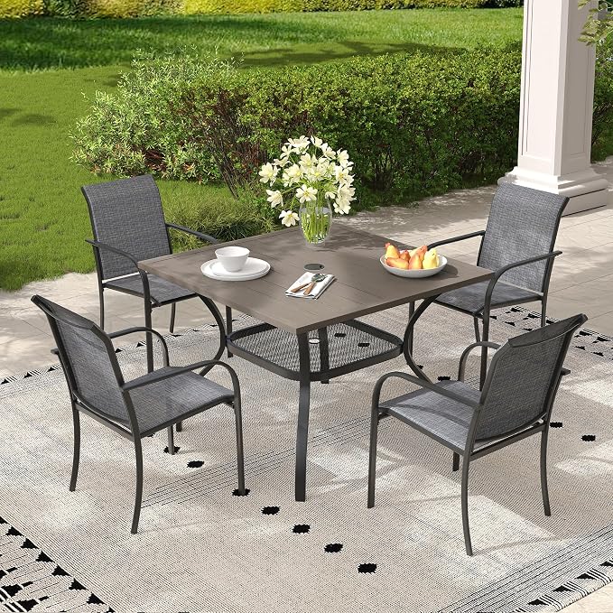 5 Pieces Outdoor Dining Set, Stackable Textilene Paito Chairs & 37.8" Square Dining Table with Umbrella Hole and Shelf, Patio Dining Set for Backyard, Deck, Garden, Grey