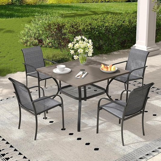 5 Pieces Outdoor Dining Set, Stackable Textilene Paito Chairs & 37.8" Square Dining Table with Umbrella Hole and Shelf, Patio Dining Set for Backyard, Deck, Garden, Grey