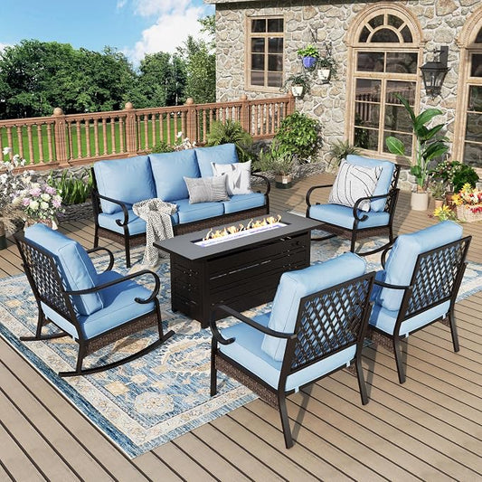 MIXPATIO Patio Furniture Set with Fire Pit Table, Metal Outdoor Conversation Set with 5.75'' Extra Thick Cushion, 2 Rocking Chairs, 2 Leg Chairs, 3-Seat Sofa and Gas Fire Pit Table, Blue