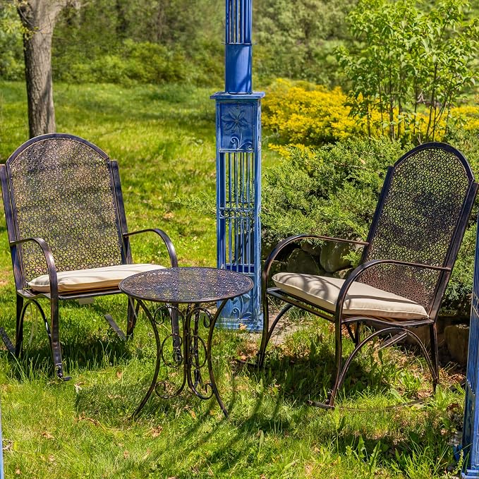Zaer Ltd. Set of 3, Tsugo Collection, 2 Outdoor Metal Rocking Armchairs with a Round Side Table, Bronze Distressed Finish (Set of 3 (2 Chairs & 1 Table))