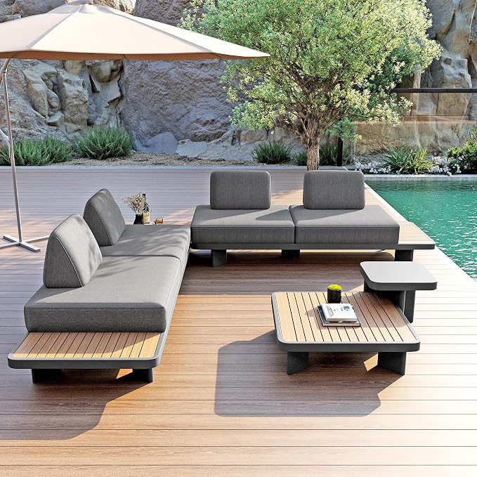 homary 5-Piece Modular Patio Sofa Set — Weather-Resistant Outdoor Conversation Set with Cushions, Configurable Design for Decks, Gardens, and Poolside, Grey, Without Umbrella