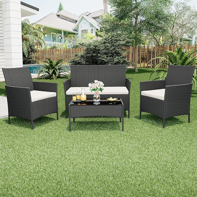 4-Piece Outdoor Patio Furniture Set, Wicker Furniture with Coffee Table, Modern Porch Chairs Conversation Set, Weather-Resistant, Outdoor Indoor Use Backyard Porch Garden Poolside Balcony, Black&Beige