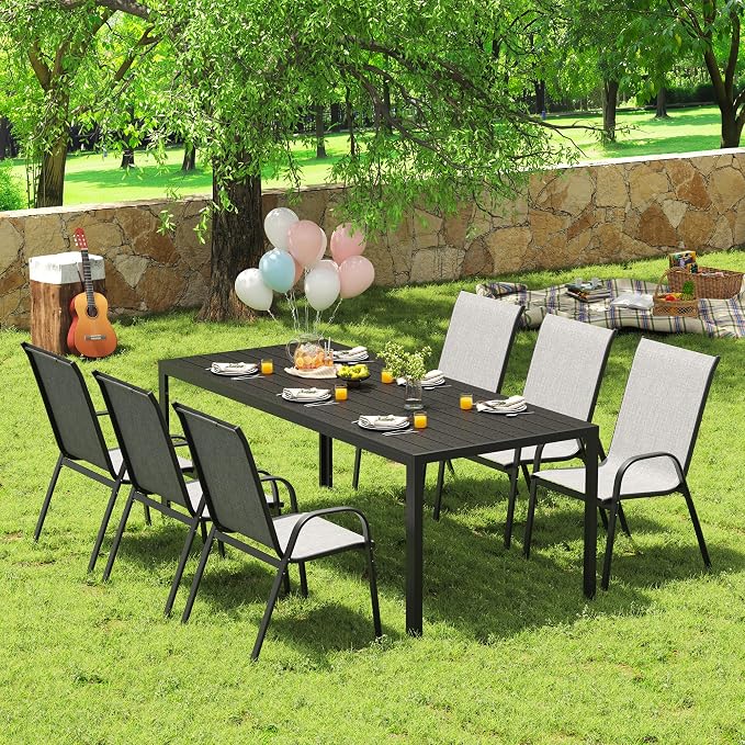 PIZZELLO Outdoor Dining Sets for 6, 83" Rectangular Dining Table with 6 Textilene Chairs, 7 Piece Patio Table and Chairs Set with Umbrella Hole for Patio, Garden, Backyard and Poolside (Grey)