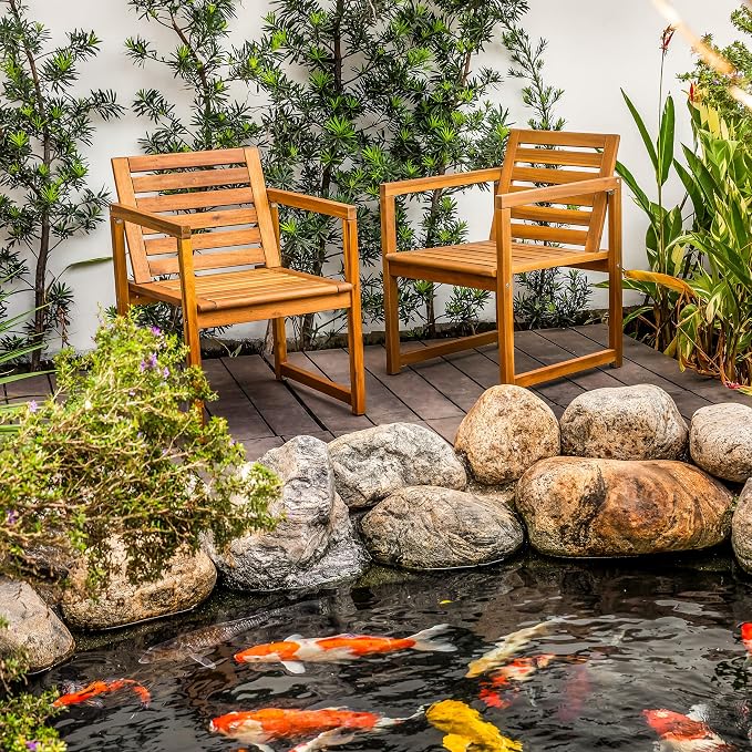 VICTORY RELAX Acacia Wood Patio Chairs Set of 2 – Outdoor Lawn Chairs with Armrests, Modern Wooden Seating for Balcony, Garden & Backyard, Natural Color (22")